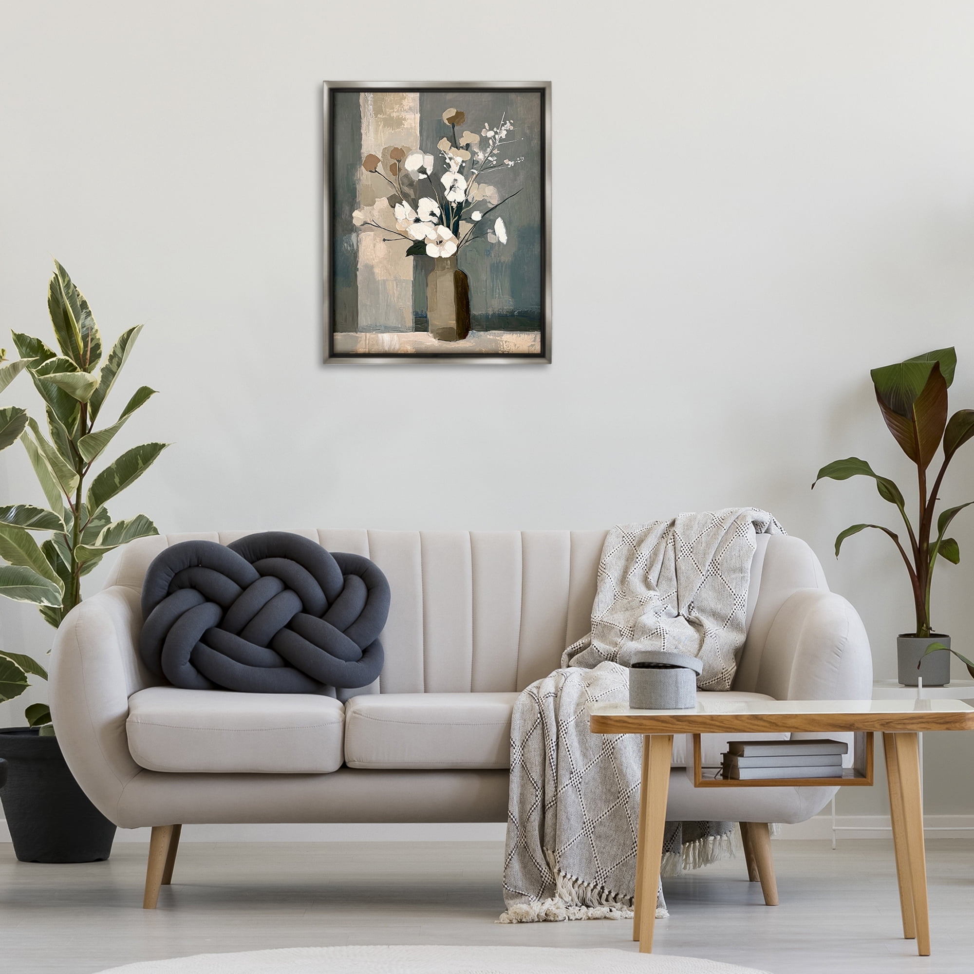 Stupell Industries Neutral Floral Vase Botanical & Floral Painting Gray Floater Framed Canvas Art Print Wall Art, 25 x 31