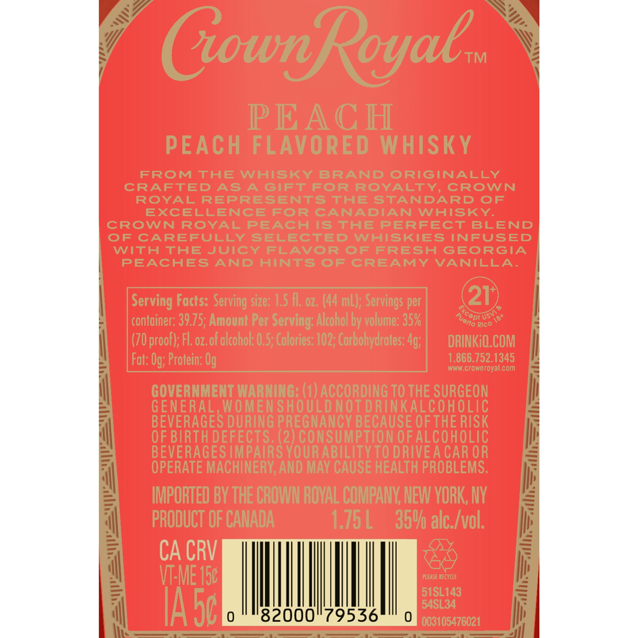 Crown Royal Peach Flavored Whisky, 1.75 L, 35% ABV