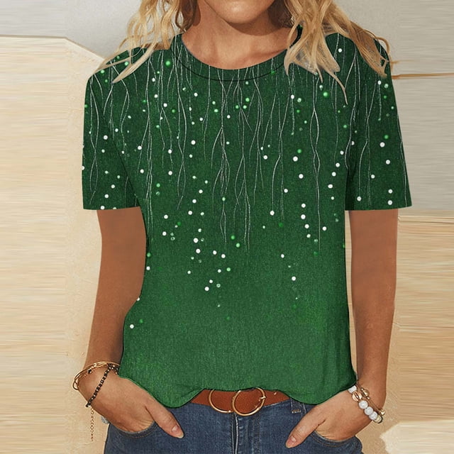 Aqestyerly Haut à Manches Courtes en Solde, T-Shirt Décontracté Imprimé Col Rond pour Femmes, Vert(m)