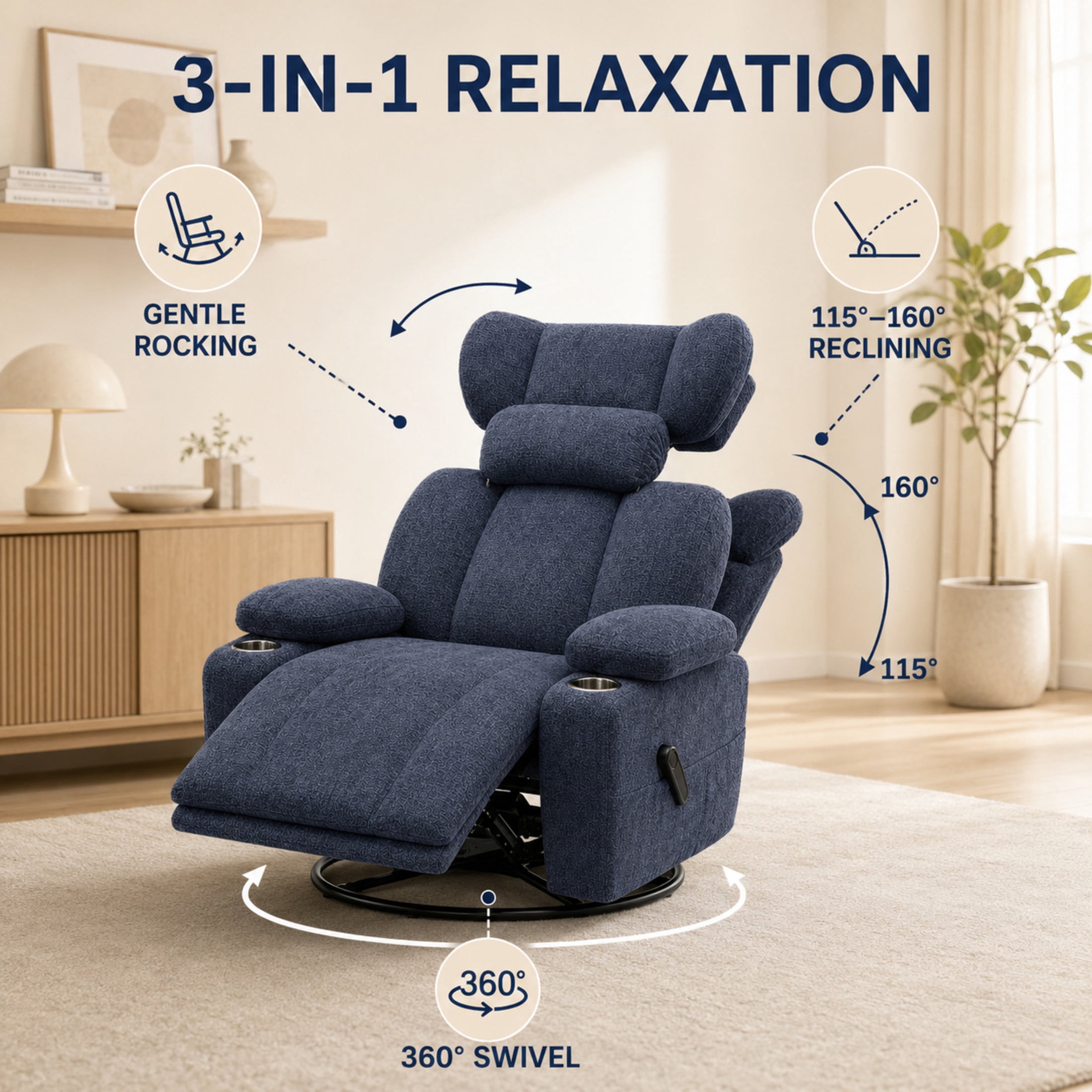 GDF Studio Turden 360° Swivel Manual Rocking Recliner with Detachable Neck Pillow, Versatile Lounge Chair, Blue