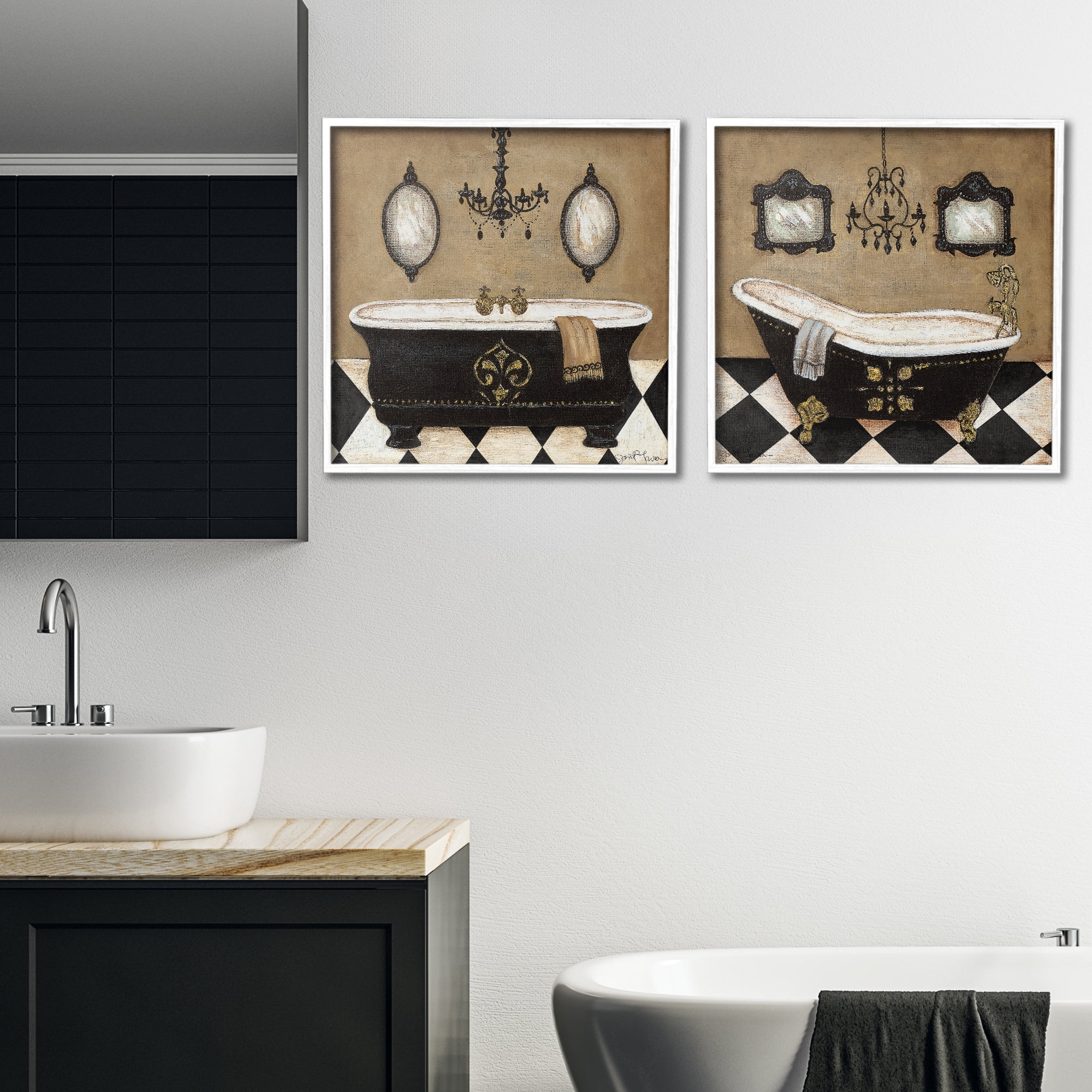 Stupell Industries Elegant Bathroom with Chandeliers 2 Piece White Framed Giclee Art Set, design by Janet Tava