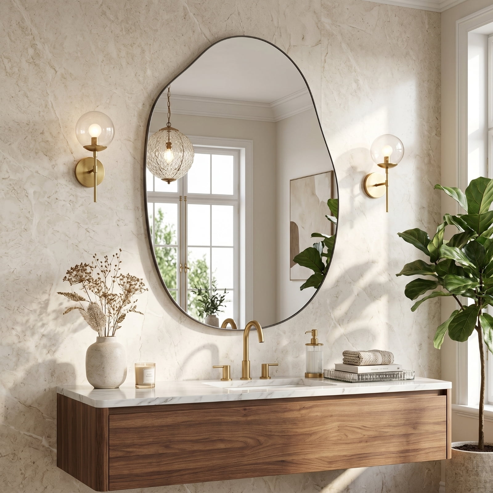 Easy4Home 26"x40" Irregular Bathroom Wall Vanity Mirror Asymmetrical Frameless Mirror