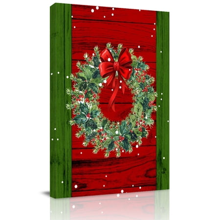 Canvas Wall Art Christmas Wreath Framed Canvas Prints for Living Room Bedroom Red Green Botanical Vintage Wooden Extra Large Gallery Wrapped Wall Decor for Home Office Gifts 24 x36 Ship Next Day