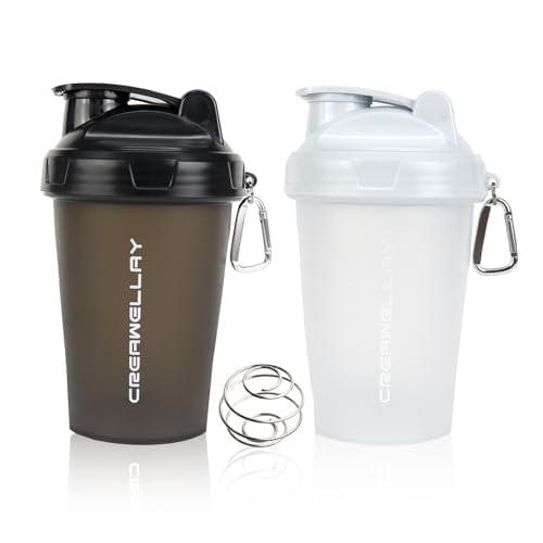 CREAWELLAY Paquete de 2 botellas cocteleras para mezclas de proteínas, botella pequeña coctelera de proteínas de 17 oz con asa, vasos coctelera de gimnasio con bola de mezcla para preentrenamiento, si