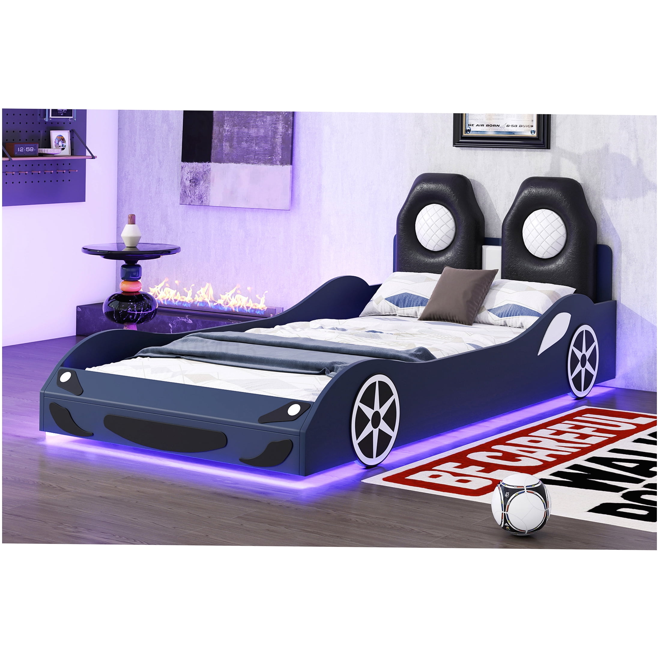 CHAMPFLAG Blue LED Race Car Bed, Twin Size PU Leather Platform Bed with Mood Lighting, No Box Spring Required