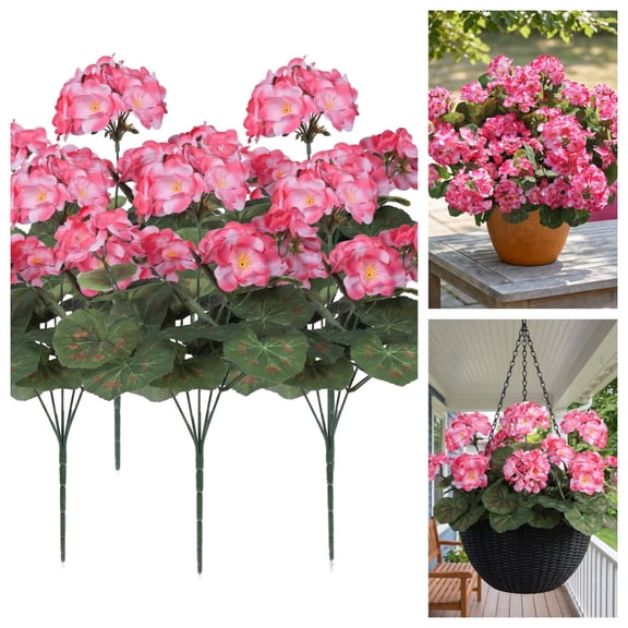 Artificial Geranium Flowers - Silk Pink Flowers UV Resistant for Outdoor Planter, Garden, and Porch Decoration 6 Bundles