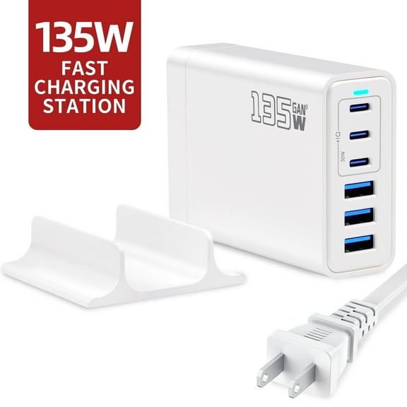2025 Latest USB C Charger Block, 135W GaN 6-Port Type C Charging Station Hub with Holder, Fast Charger Adapter for MacBook Pro/Air,DELL,iPad, iPhone,Samsung Galaxy,5ft Cord,White