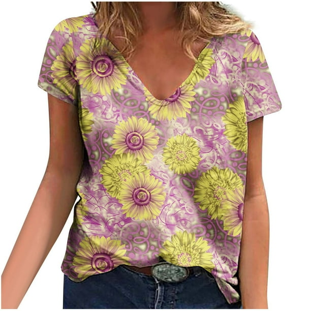 Camisetas con estampado floral con cuello en V para mujer Blusas femeninas cómodas a la moda Tops OAVQHLG3B Store lin121212