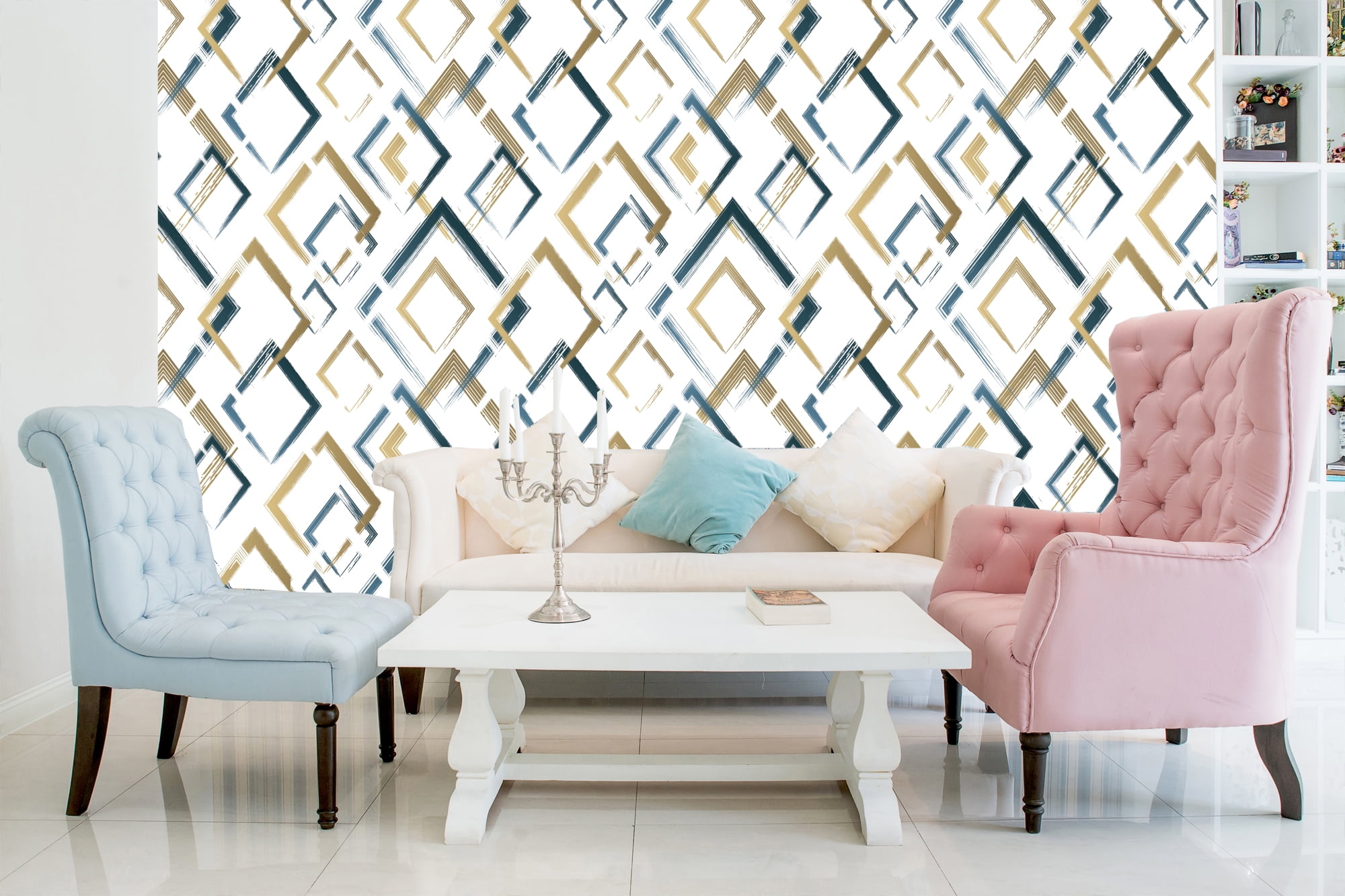 Gold and Blue Modern Shape Peel and Stick Wallpaper 10'L x 24''W
