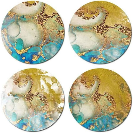 

Gold and Blue Marbling Round Coaster Set of Drink- Made of Polyester Fabric and Recycled Rubber Coaster Set - Set of 4