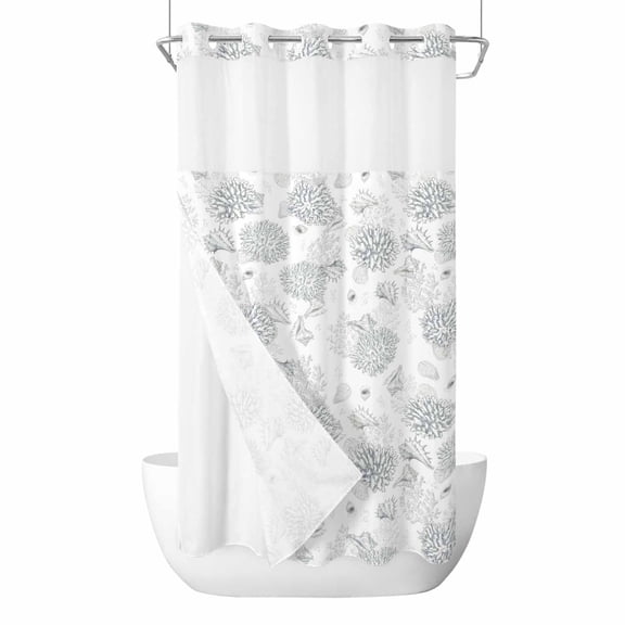 No Hook Gray Coastal Shower Curtain with Snap in Liner Set, Summer Beach Ocean Coral Conch Shell Waterproof Fabric Bathroom Curtains with See Through Top Window, Hotel Style Small 36 x 72 Inch