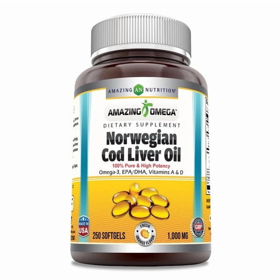 Amazing Omega Norwegian Cod Liver Oil 1000 Mg Per Serving 250 Softgels Supplement | Orange Flavor | Non-GMO | Gluten-Free | Rich Omega-3, EPA, DHA, Vitamin A, D & Vitamin Supplements