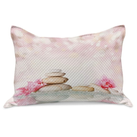 Spa Knitted Quilt Pillowcover, Bohemian Stones and Soft Petals Therapy Tradition Yoga Picture, Standard King Size Pillow Cover for Bedroom, 36" x 20", Pale Pink Peach, by Ambesonne