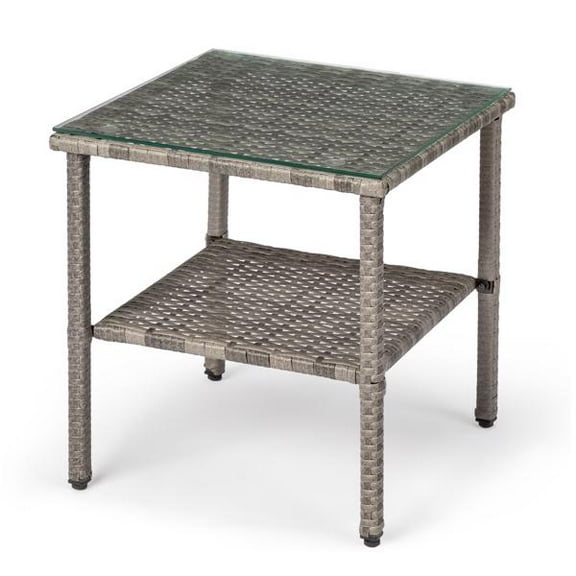 Square Double Layer Glass Top Side Table, Gray Gradient Rattan, Steel Frame, Outdoor Patio Furniture