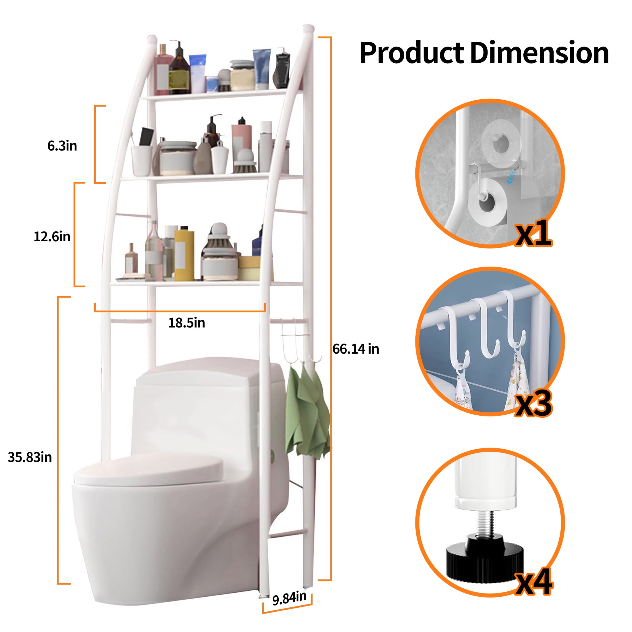 HIOHA 3-Tier Over Toilet Storage Rack with Toilet Paper Roll Holder & 4 Hooks, Steel Bathroom Space Saver Organizer, White