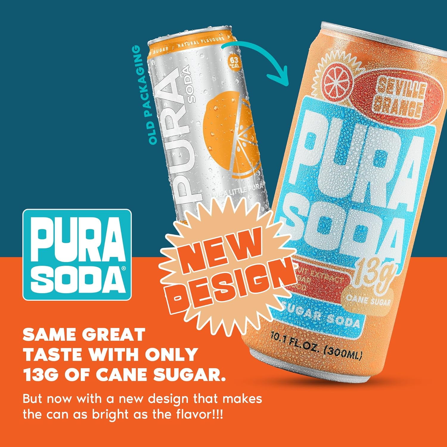 PuraSoda® Seville Orange | Low-Calorie, Cane Sugar Soda, Beverage | Non-GMO, Vegan | Made with Pure Cane Sugar, No Preservatives | 10.1 fl oz (300ml) Cans, 24-Pack