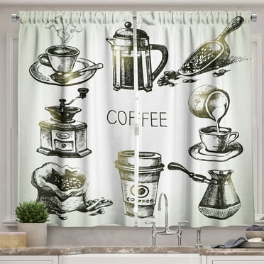 Ambesonne Coffee Kitchen Curtains, Brewing Equipment Doodle, 55"x39", Black Yellow