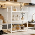 thumbnail image 6 of FEOLGEHLY Expandable Kitchen Shelf Organizer, 3-Tier Countertop Microwave Stand with Hooks, Adjustable Stackable Storage Rack for Coffee Bar, Spice, Utensils, White, 6 of 6