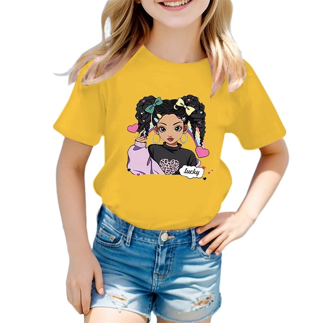 PMVFHDE Hauts à Manches Courtes pour Filles Hauts Mignons pour Filles Tendance Hauts d'Été pour Filles Robe T-Shirt Mignonne Graphique Col Rond Manches Courtes T-Shirt Décontracté d'Été Jaune, 11-12 Ans