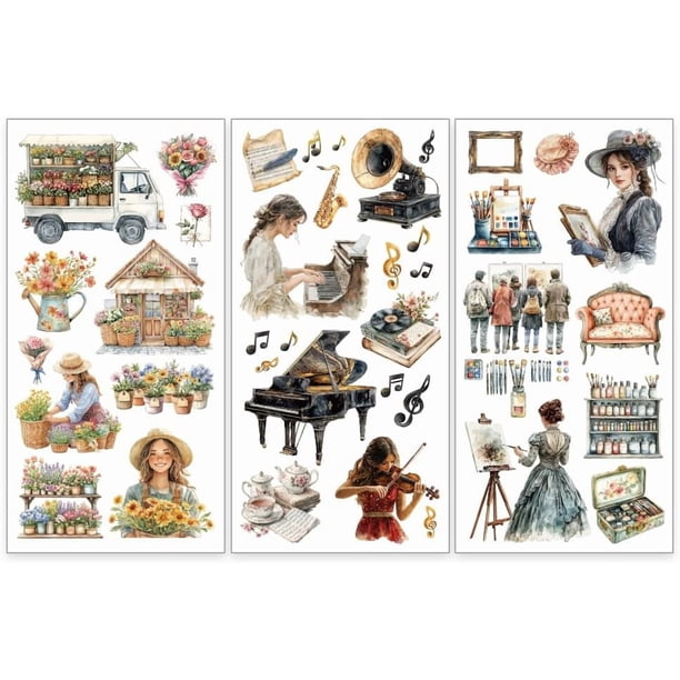 Juego de 3 calcomanías para muebles con diseño de flores para pianistas y violinistas, de 6 x 12 pulgadas.