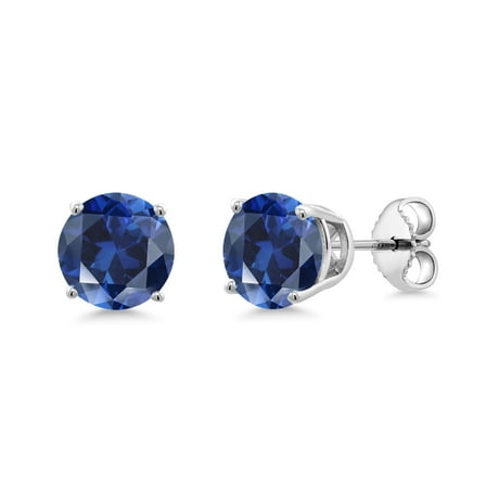 Gem Stone King 925 Sterling Silver Blue Created Sapphire Earrings | 3.20 Cttw | 7MM Round Stud Earrings for Women Men