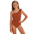 thumbnail image 3 of SSCMYXG Girls Ruched 1 Piece Bathing Suit, Single Shoulder Ruffle Swimsuit, Kids Swimwear for 8-16Y Summer Vacation Brown 14-15 Years, 3 of 6