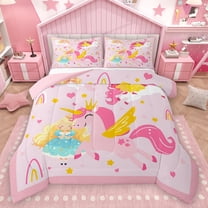 Homewish Kawaii Pink Unicorn Bedding Comforter Set for Kids, Fairy Tale Princess Twin Comforter Sets, Cute Stars Love Heart Reversible Bedding Set, Microfiber Bedroom Decor, 2-Piece