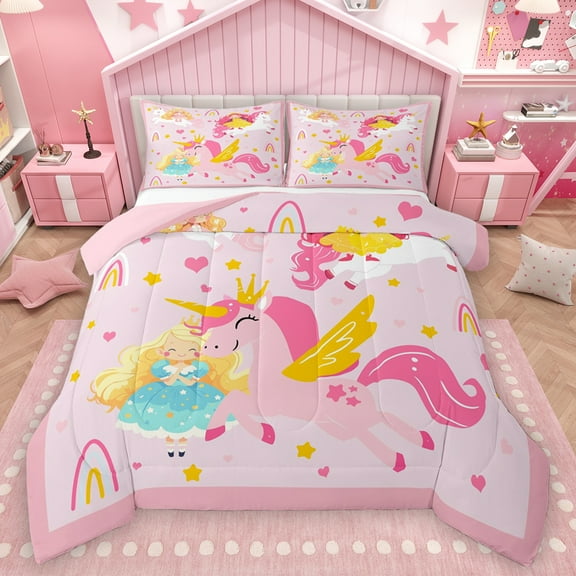 Homewish Kawaii Pink Unicorn Bedding Comforter Set for Kids, Fairy Tale Princess Twin Comforter Sets, Cute Stars Love Heart Reversible Bedding Set, Microfiber Bedroom Decor, 2-Piece