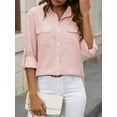 thumbnail image 2 of Women Linen Button Down Shirts Long Sleeve Blouse Casual Work Office Shirt Tunic Tops Pink L, 2 of 8