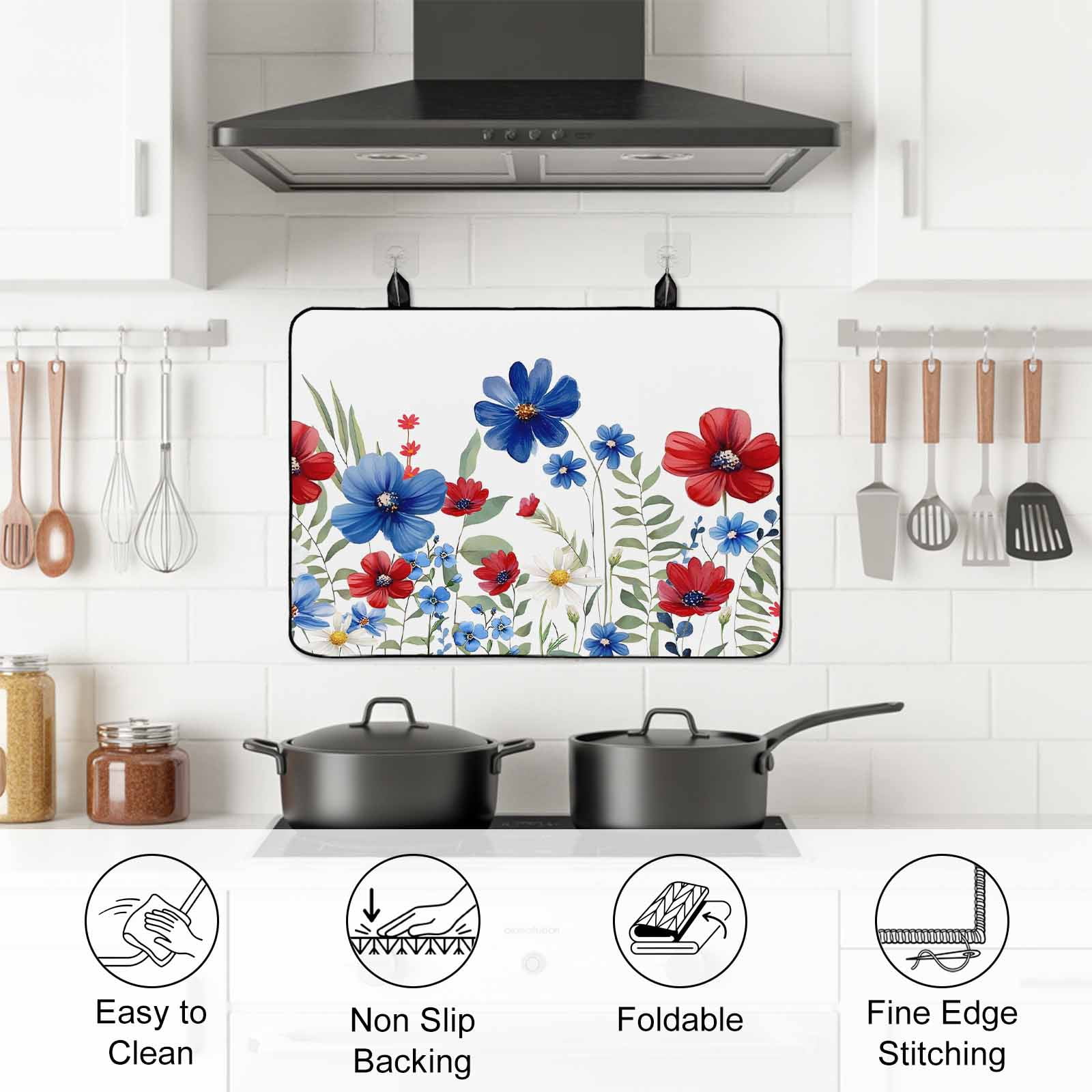 Blue Red Spring Floral Stove Top Cover for Electric Stove, Heat-proof & Non Slip Glass Top Stove Cover Protector, Pastoral Flowers Watercolor Kitchen Flat Cooktop Rubber Mat 24x21 Inches
