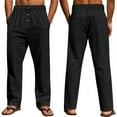 thumbnail image 2 of IYYVV Mens Cotton Linen Pants Button Fly Elastic Waist Drawstring Lightweight Breathable Straight Leg Lounge Pants with Pockets Black 2XL, 2 of 6