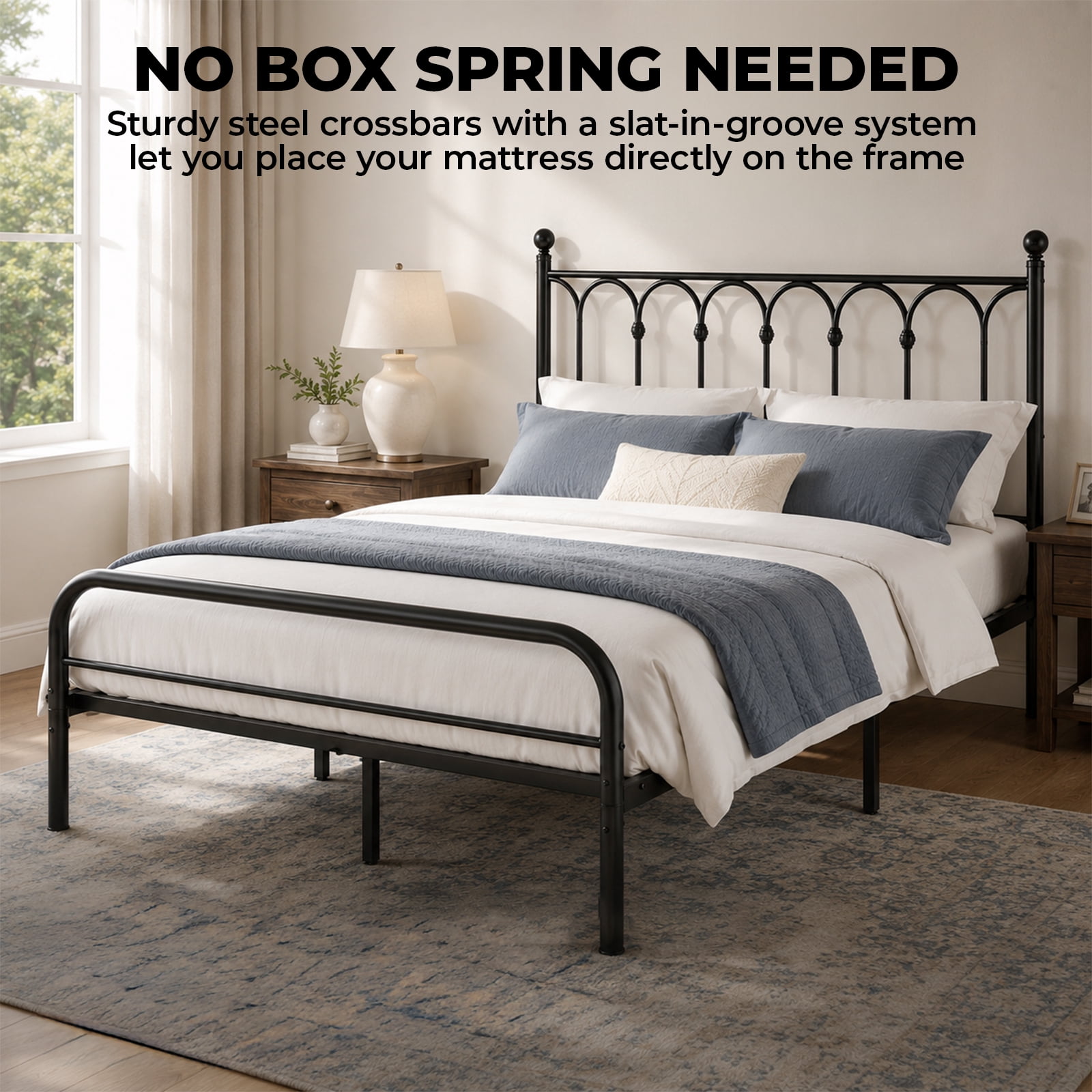 Alvantor Metal Platform Bed Frame, Classic Iron Art Headboard & Footboard, Stable & Noiseless, 11.9 Inch Under Bed Storage, No Box Spring Needed, Easy Assembly, Black