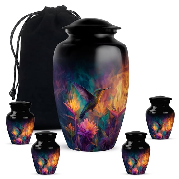 Humming Bird Cremation Urns For Human Ashes Adult Female - Flowers Memorial Urn For Mom - Black Keepsake Urn For Human Ashes - Large And Small Urns For Ash Set Of 4 Size, 10&3 Inch