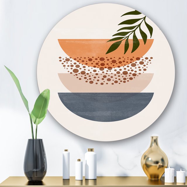 Designart - Abstract Geometrical Sun and Moon With Leaf III - Modern Metal Circle Wall Art