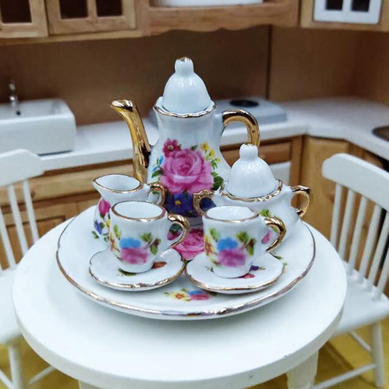Dollhouse Miniature 17 pc Porcelaine Dinning WARE Tea cup Set PURPLE FLOWER 