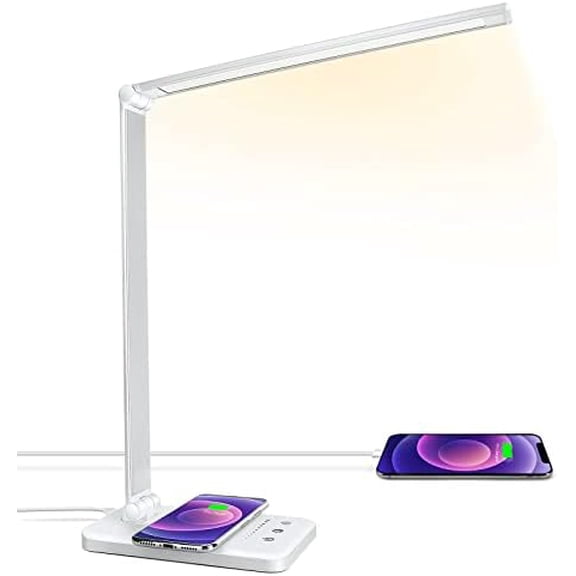 LED Desk Lamp with Wireless Charger, USB Charging Port, Desk Light with 10 Brightness, 5 Color Modes, Dimmable Eye Caring Reading Desk Lamps for Home Office, Touch Control, Auto Timer, White
