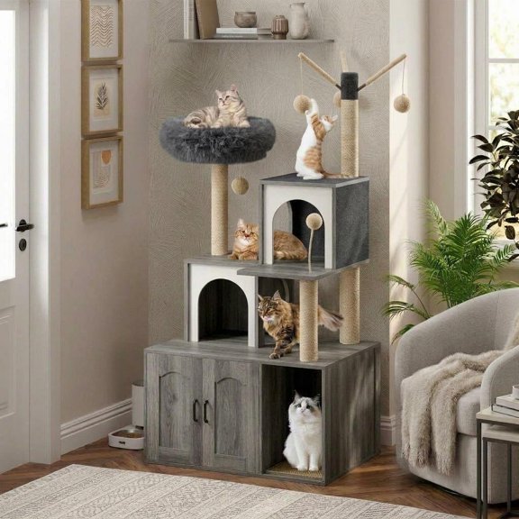2-in-1 Cat Tree with Hidden Litter Box Enclosure, Wooden Cat Tower & Litter Box Cabinet – Scratching Posts, Cat Condo Cave, Storage, Washable Cushion