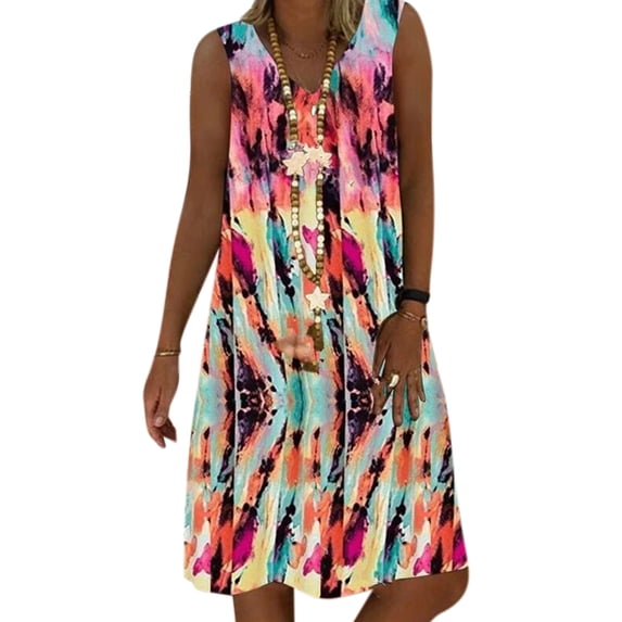 Uhndy Women V Neck Plus Size Loose Sundress Sleeveless Floral Casual Beach Midi Dress Red M