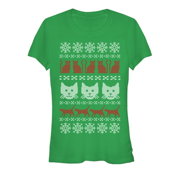 Junior's Lost Gods Ugly Christmas Cat  Graphic Tee Kelly X Large