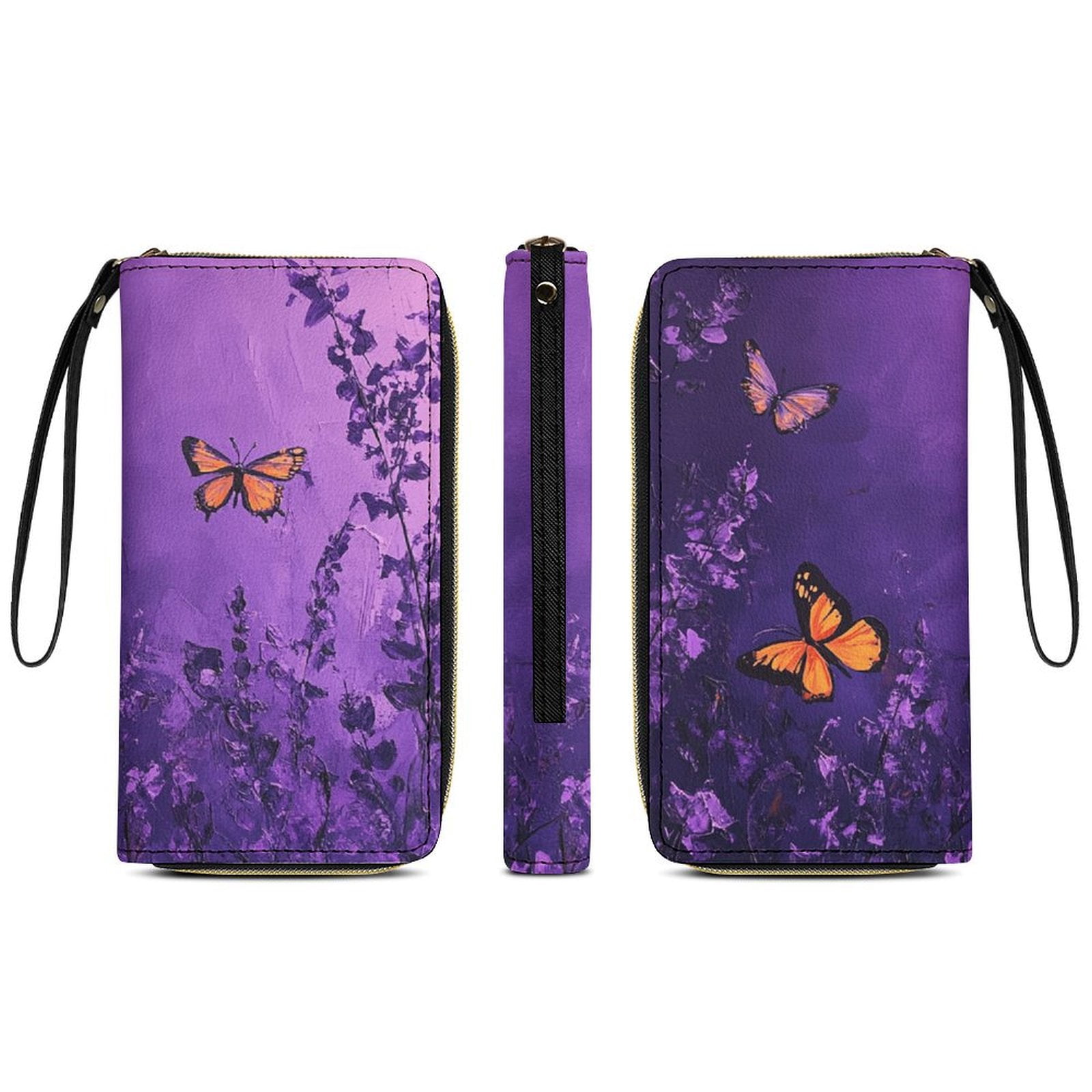 Womens Wallet Bifold Ladies Cluth Bag Wristlet Wrist Strap Long Purse Purple Butterfly Design