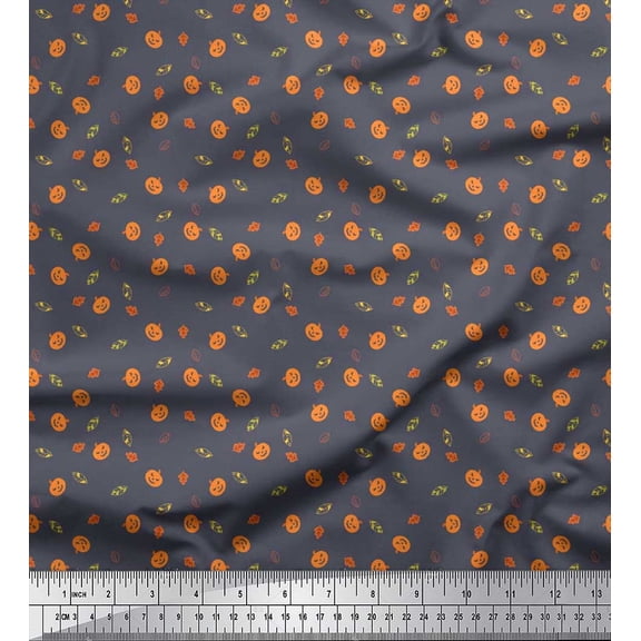 Soimoi Moss Georgette Fabric Leaves & Pumpkin Halloween Print Fabric by The Yard 42 Inch Wide