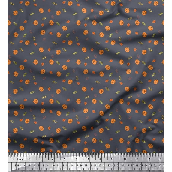 Soimoi Viscose Chiffon Fabric Leaves & Pumpkin Halloween Print Fabric by Yard 42 Inch Wide