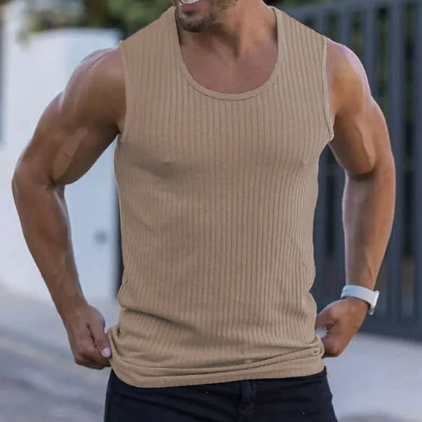 pstuiky Camisetas sin mangas, Camiseta deportiva informal ajustada a rayas de color liso con cuello redondo y sin mangas para hombre Tops elegantes para mujer xxxl