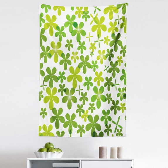 Leaves Tapestry, Lucky Shamrock Irish Themed Nature Pattern Clovers Blossom Repetition, Fabric Wall Hanging Decor for Bedroom Living Room Dorm, 5 Sizes, Lime Green and White, by Ambesonne