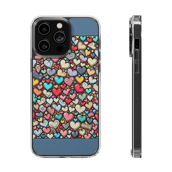 DistinctInk Hybrid (Acrylic / TPU) Clear Slim Fit Case for Apple iPhone 12 Pro MAX (6.7" Screen) - "Playful Hearts: A Joyful Unity of Colors"