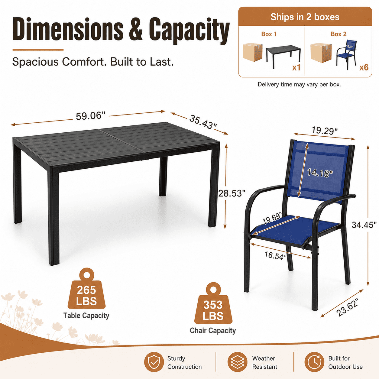 7 Piece Outdoor Dining Set, Patio Dining Table Set for 6 Persons, Garden Patio Textilene Dining Furniture Set with Plastic-Wood Tabletop, Dining Table Chairs Conversation Set for Deck Patio