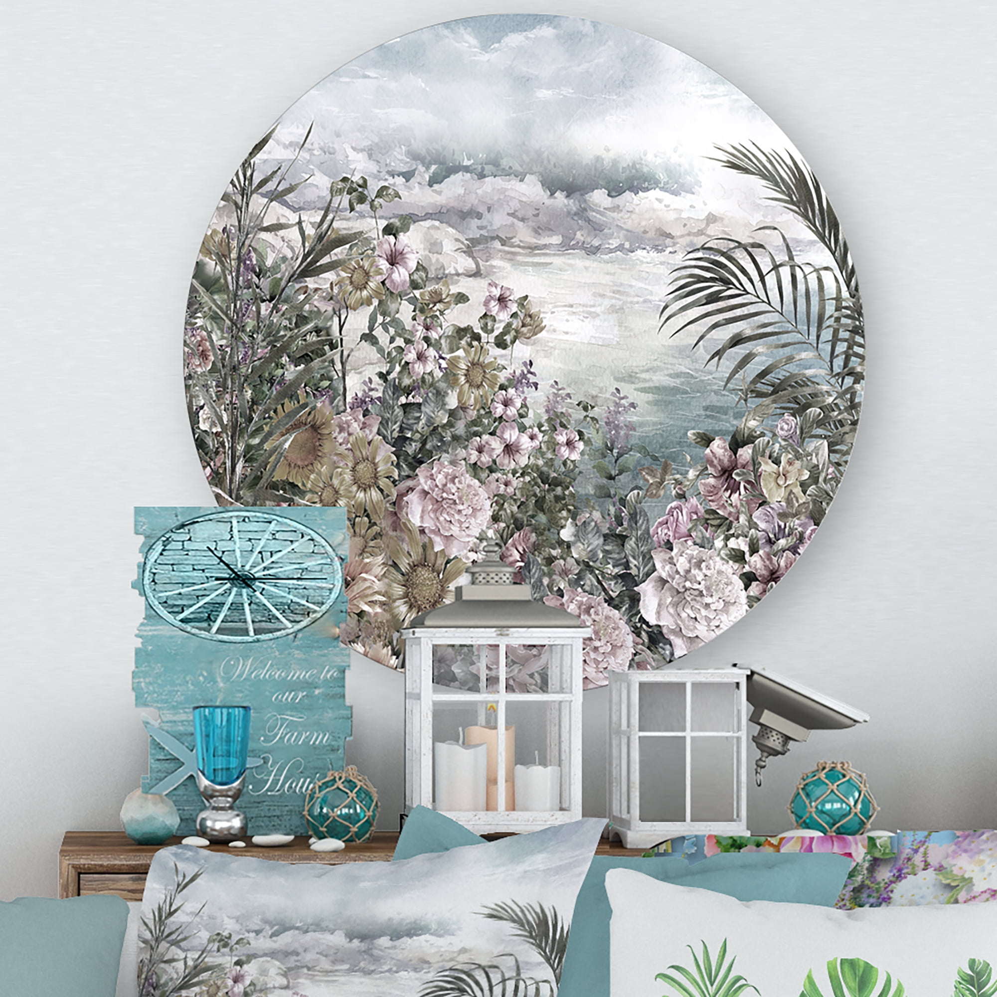Designart 'Abstract Retro Flowers By The Sea Side' Vintage Circle Metal Wall Art 23x23 - Disc of 23