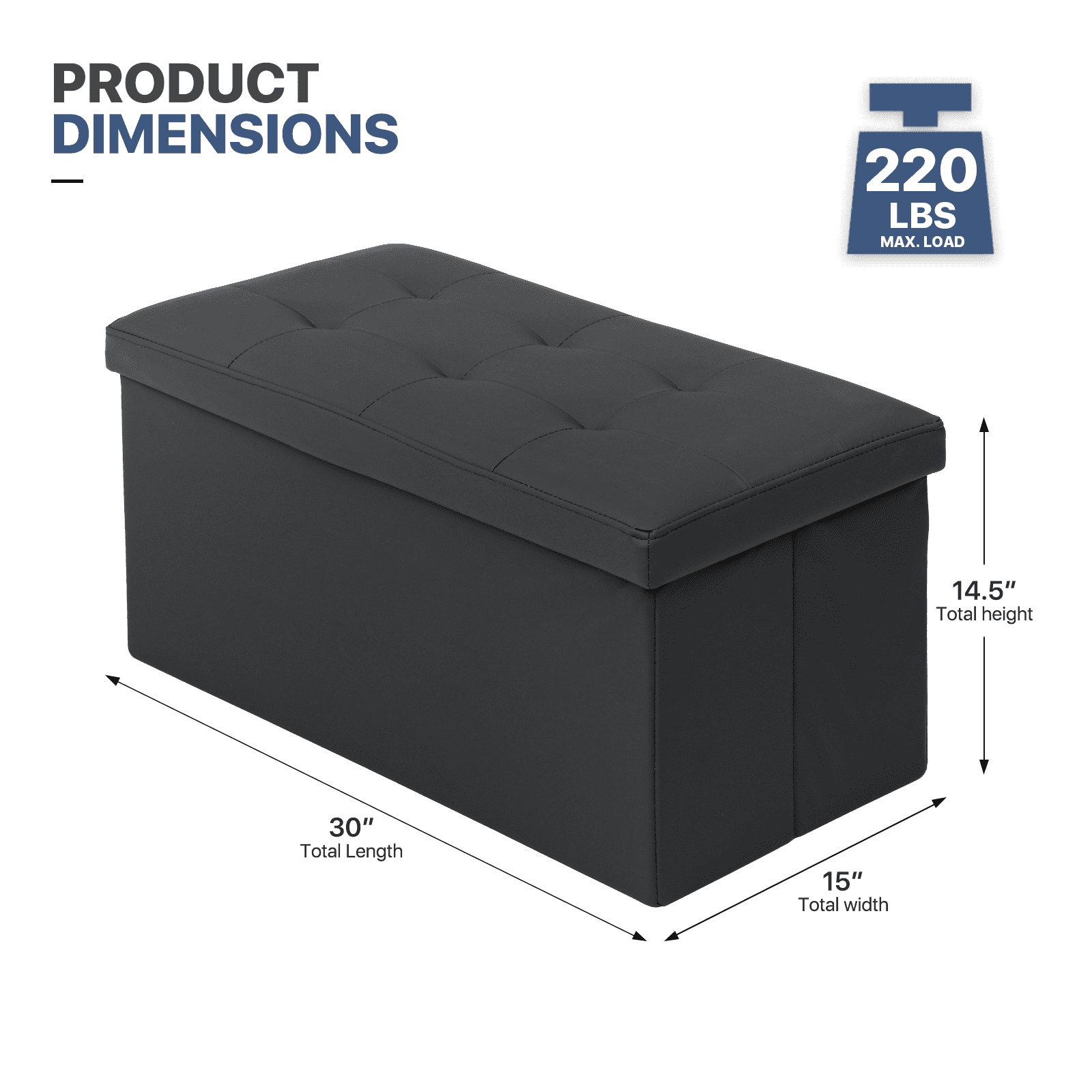 MoNiBloom 30" Folding Storage Ottoman Bench, PU Leather Collapsible Footrest Ottoman with Storage, for Living Room Bedroom Entryway, Black