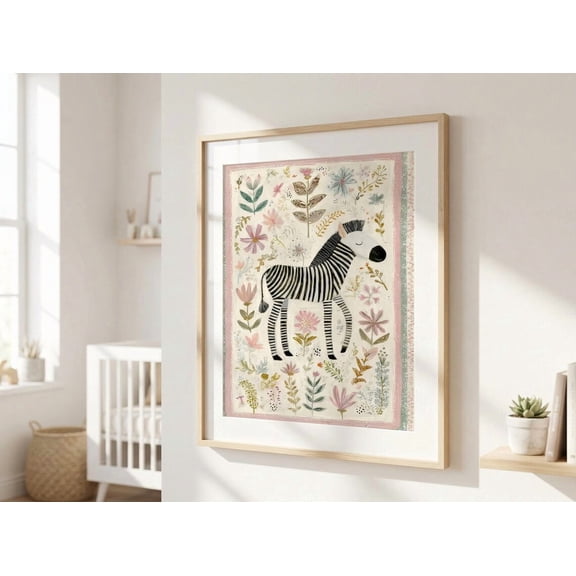 Whimsical Zebra Wall Art Print, Floral Nursery Artwork, Unframed Paper Poster 24x36in