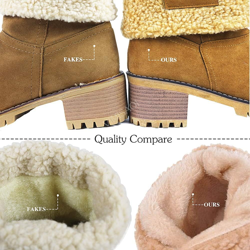 Women Foldable Faux Suede Cuff Winter Ankle Booties, Chunky Block Heel Warm Anti-Slip Casual Outdoor Boots